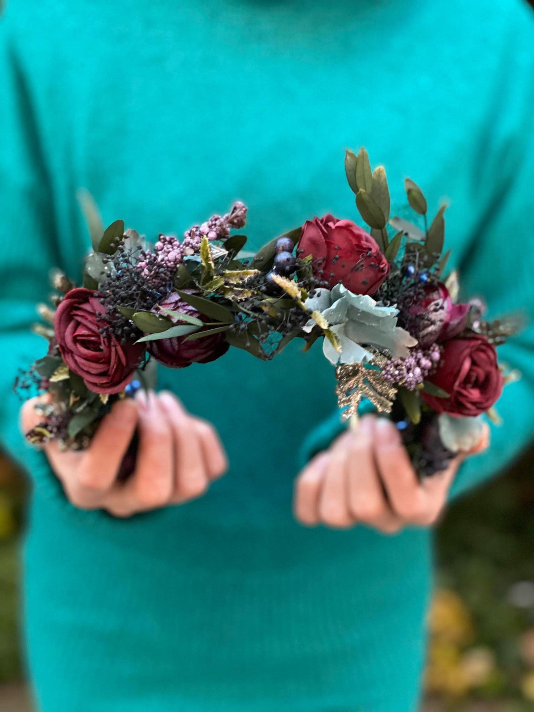 Burgundy Rose Flower Crown: Boho Wedding Hair Wreath – handmade floral hair accessory by magaela