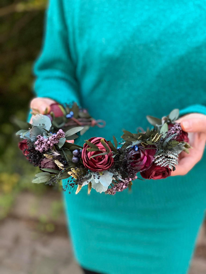 Burgundy Rose Flower Crown: Boho Wedding Hair Wreath – handmade floral hair accessory by magaela