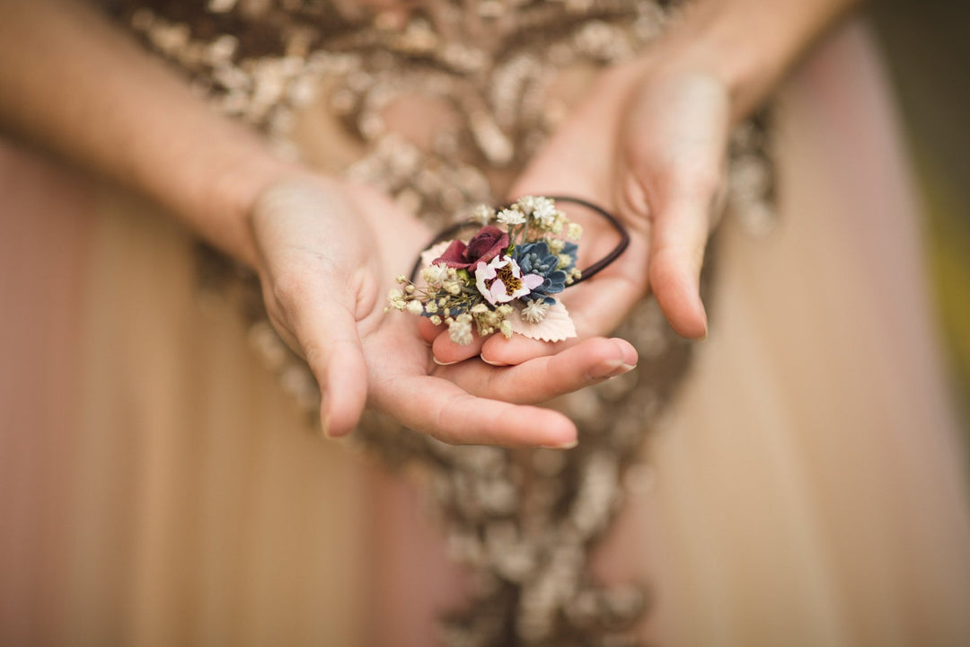 Burgundy Floral Hair Tie: Handmade Flower Hair Bobble – handmade floral hair accessory by magaela