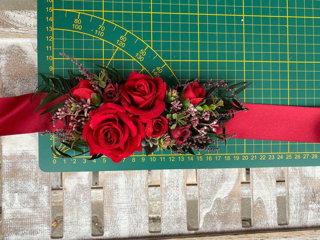 Red Rose Wedding Belt: Bridal Flower Sash, Burgundy Ribbon – handmade floral hair accessory by magaela