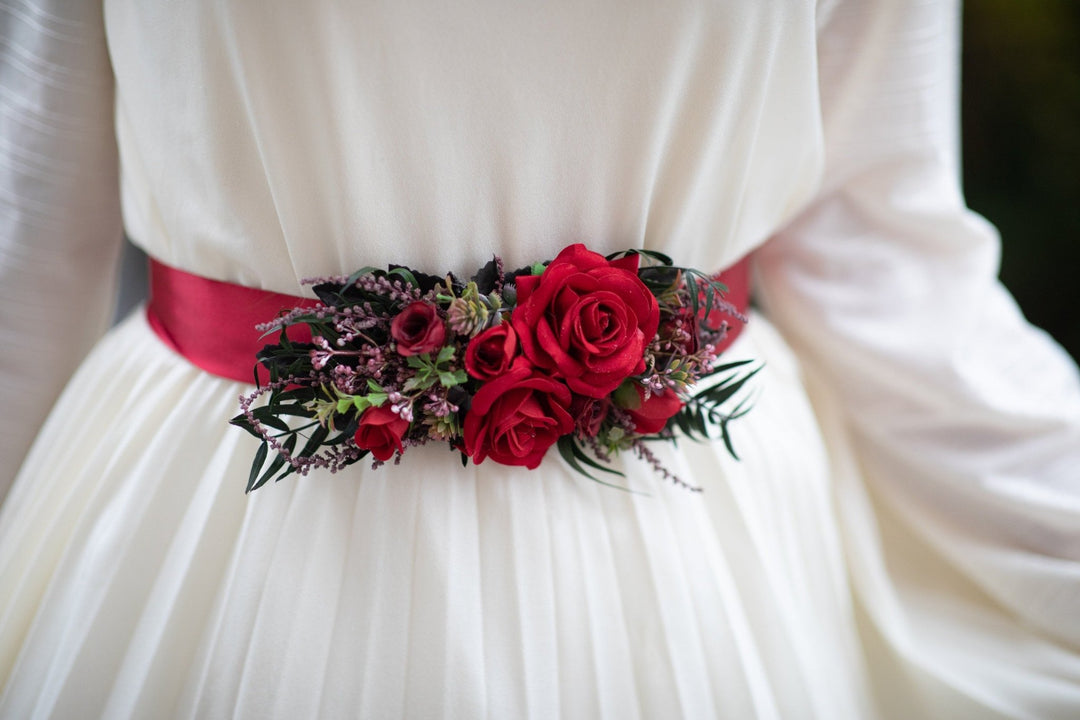 Red Rose Wedding Belt: Bridal Flower Sash, Burgundy Ribbon – handmade floral hair accessory by magaela