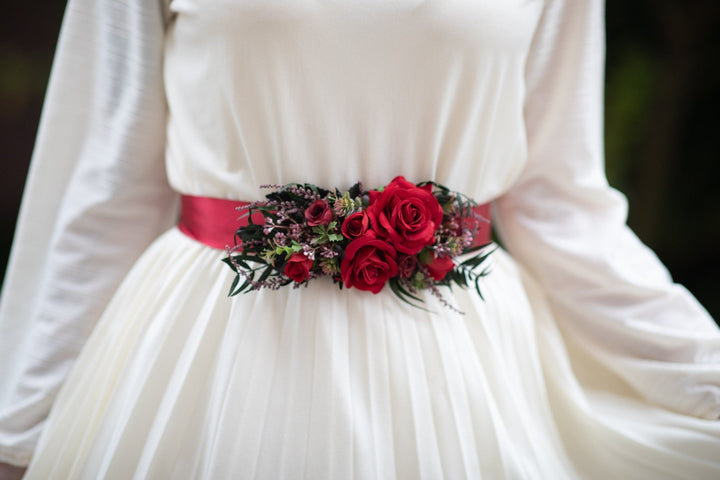 Red Rose Wedding Belt: Bridal Flower Sash, Burgundy Ribbon – handmade floral hair accessory by magaela