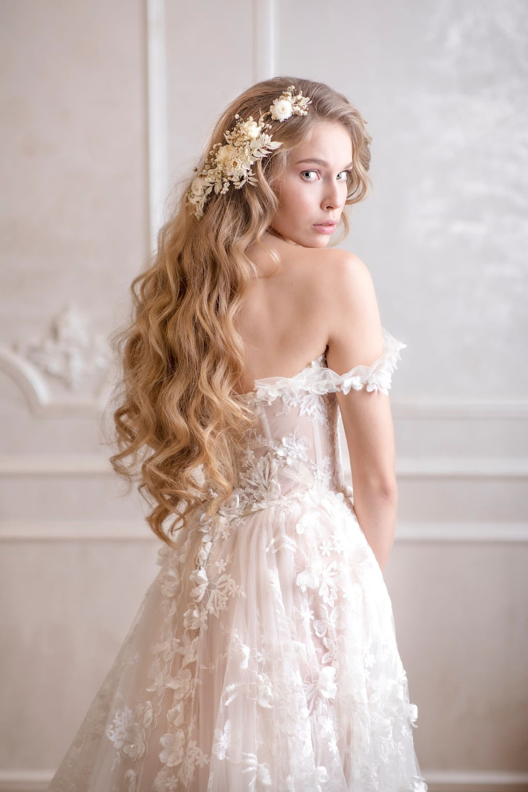 Ivory Preserved Flower Wedding Hair Vine - Bridal Headpiece – handmade floral hair accessory by magaela