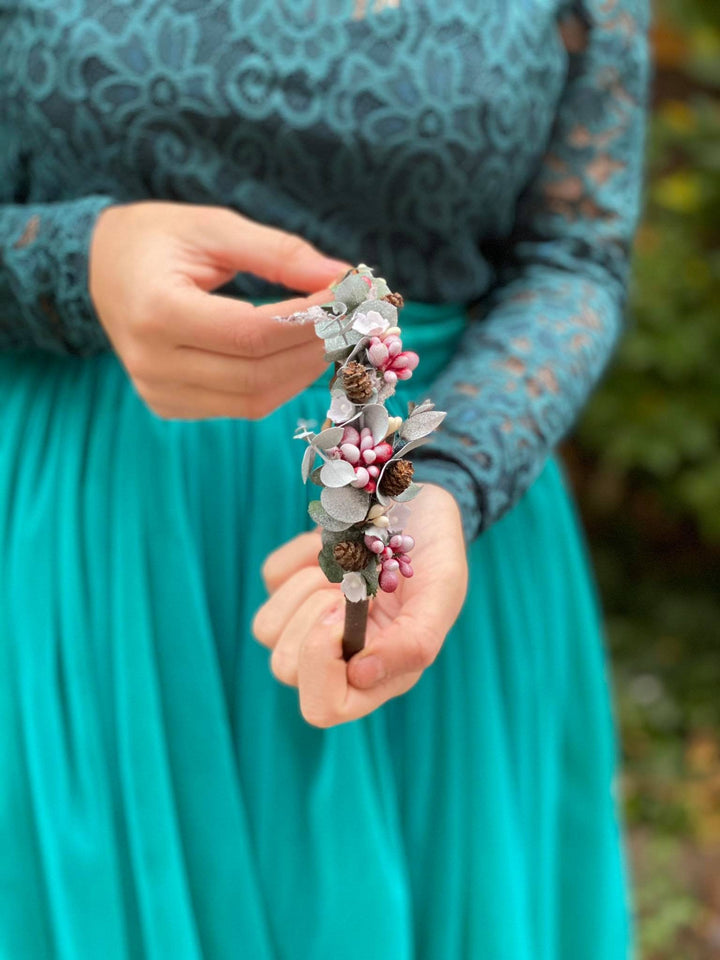 Romantic Winter Wedding Headband: Blush Flower & Pine Cone Hairband – handmade floral hair accessory by magaela