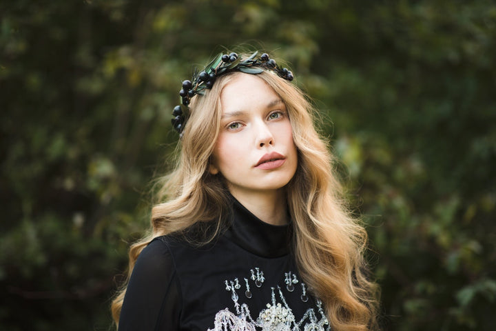 Dark Flower Half Wreath: Black Berry Crown, Handmade – handmade floral hair accessory by magaela