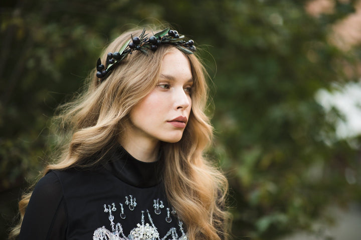 Dark Flower Half Wreath: Black Berry Crown, Handmade – handmade floral hair accessory by magaela