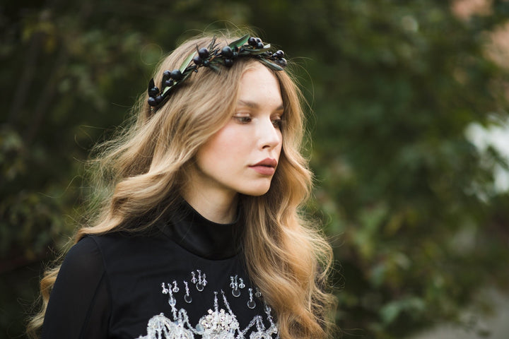 Dark Flower Half Wreath: Black Berry Crown, Handmade – handmade floral hair accessory by magaela