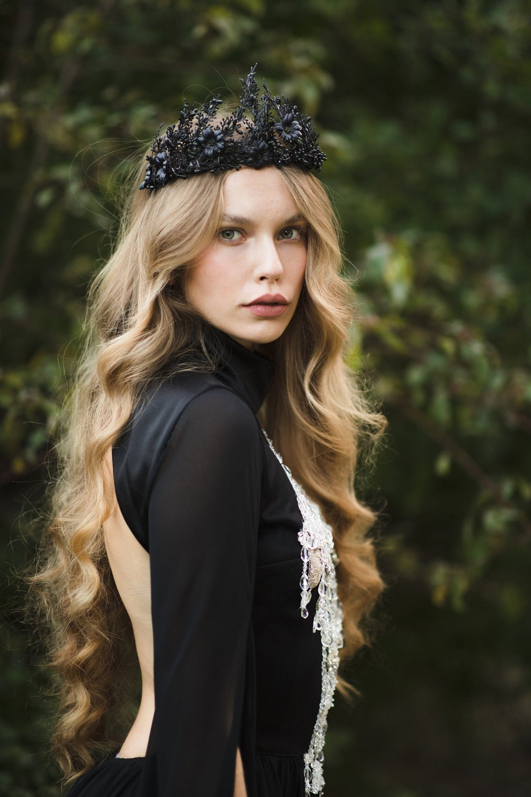 Black Flower Crown: Evil Queen Tiara, Halloween Wedding – handmade floral hair accessory by magaela