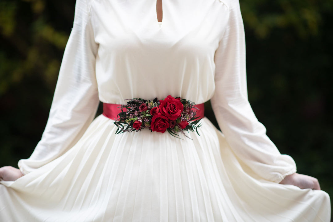 Red Rose Wedding Belt: Bridal Flower Sash, Burgundy Ribbon – handmade floral hair accessory by magaela
