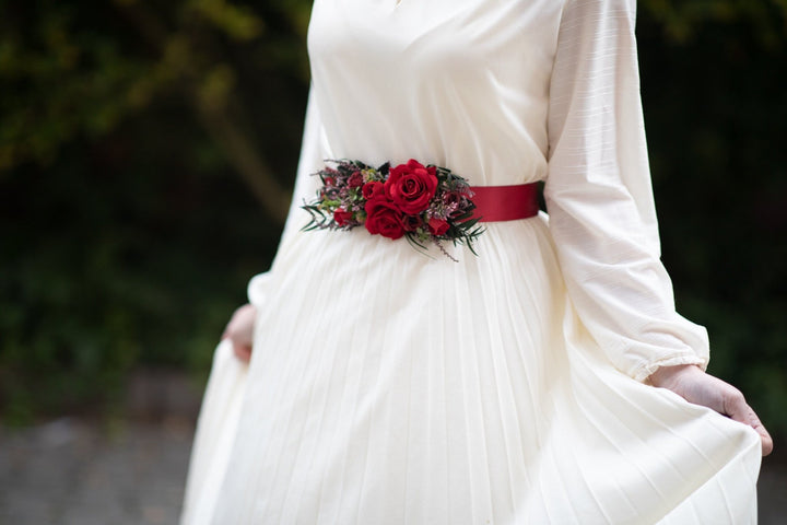 Red Rose Wedding Belt: Bridal Flower Sash, Burgundy Ribbon – handmade floral hair accessory by magaela