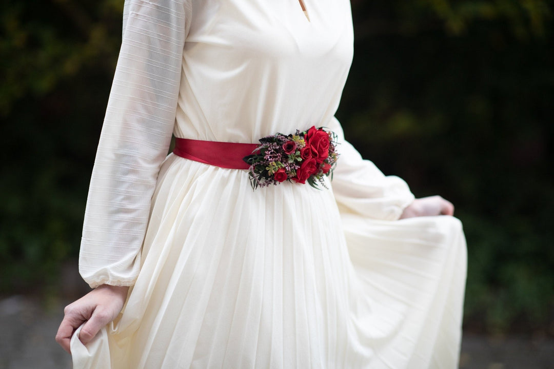 Red Rose Wedding Belt: Bridal Flower Sash, Burgundy Ribbon – handmade floral hair accessory by magaela
