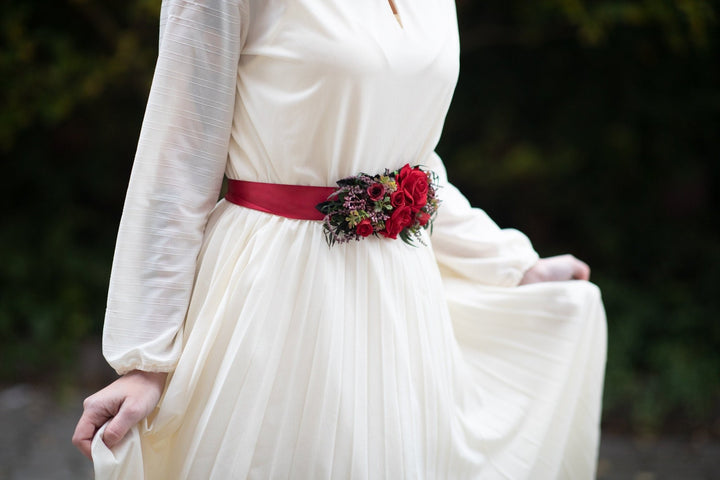 Red Rose Wedding Belt: Bridal Flower Sash, Burgundy Ribbon – handmade floral hair accessory by magaela