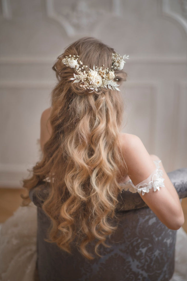 Ivory Preserved Flower Wedding Hair Vine - Bridal Headpiece – handmade floral hair accessory by magaela