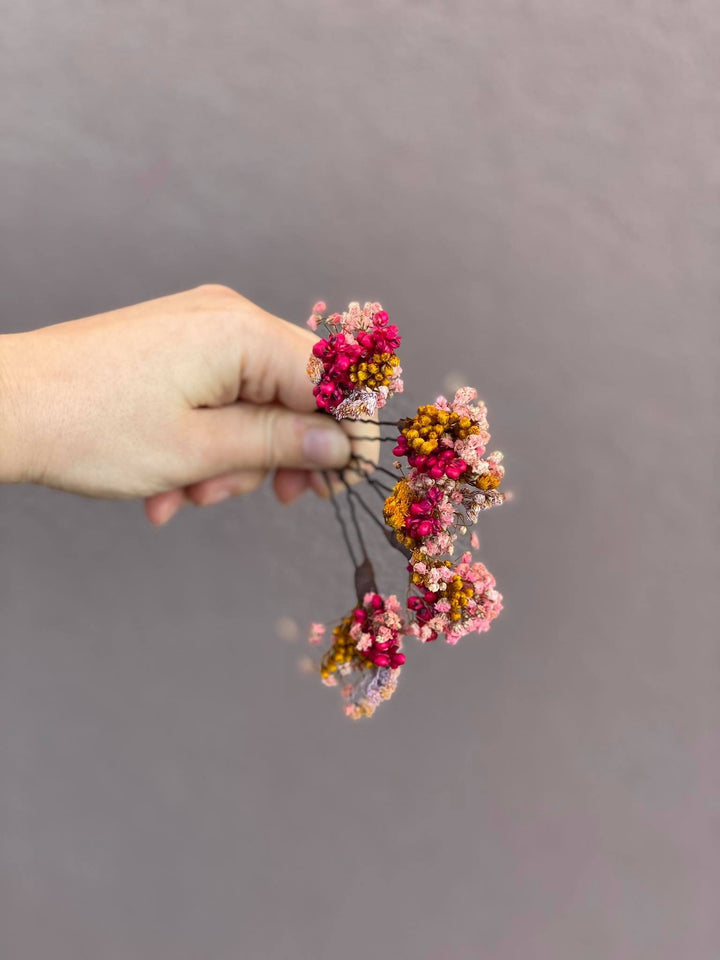 Dried Flower Hair Pins: Fuchsia Pink & Ochre Wedding Hair Accessories – handmade floral hair accessory by magaela