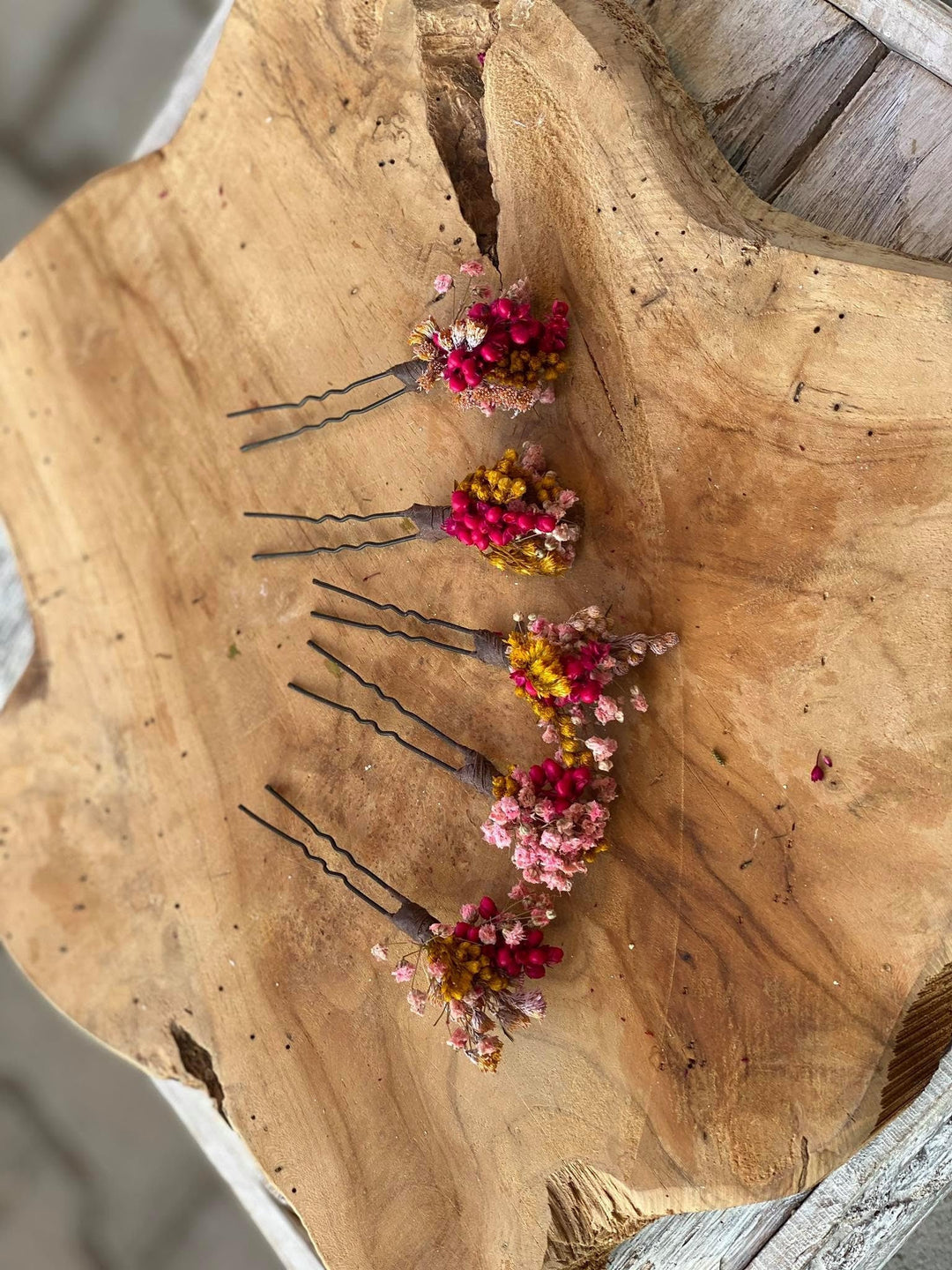 Dried Flower Hair Pins: Fuchsia Pink & Ochre Wedding Hair Accessories – handmade floral hair accessory by magaela