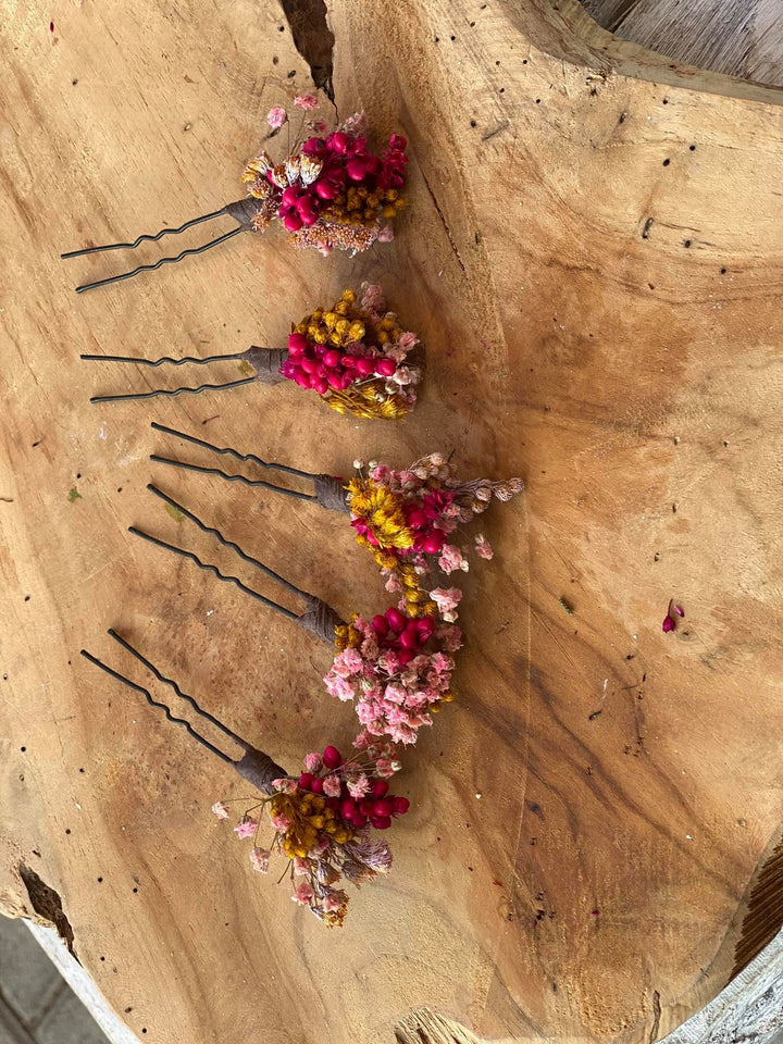 Dried Flower Hair Pins: Fuchsia Pink & Ochre Wedding Hair Accessories – handmade floral hair accessory by magaela