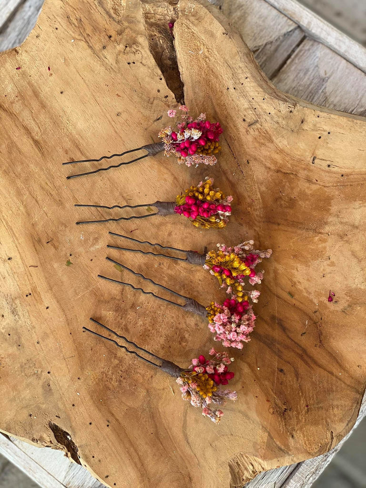 Dried Flower Hair Pins: Fuchsia Pink & Ochre Wedding Hair Accessories – handmade floral hair accessory by magaela