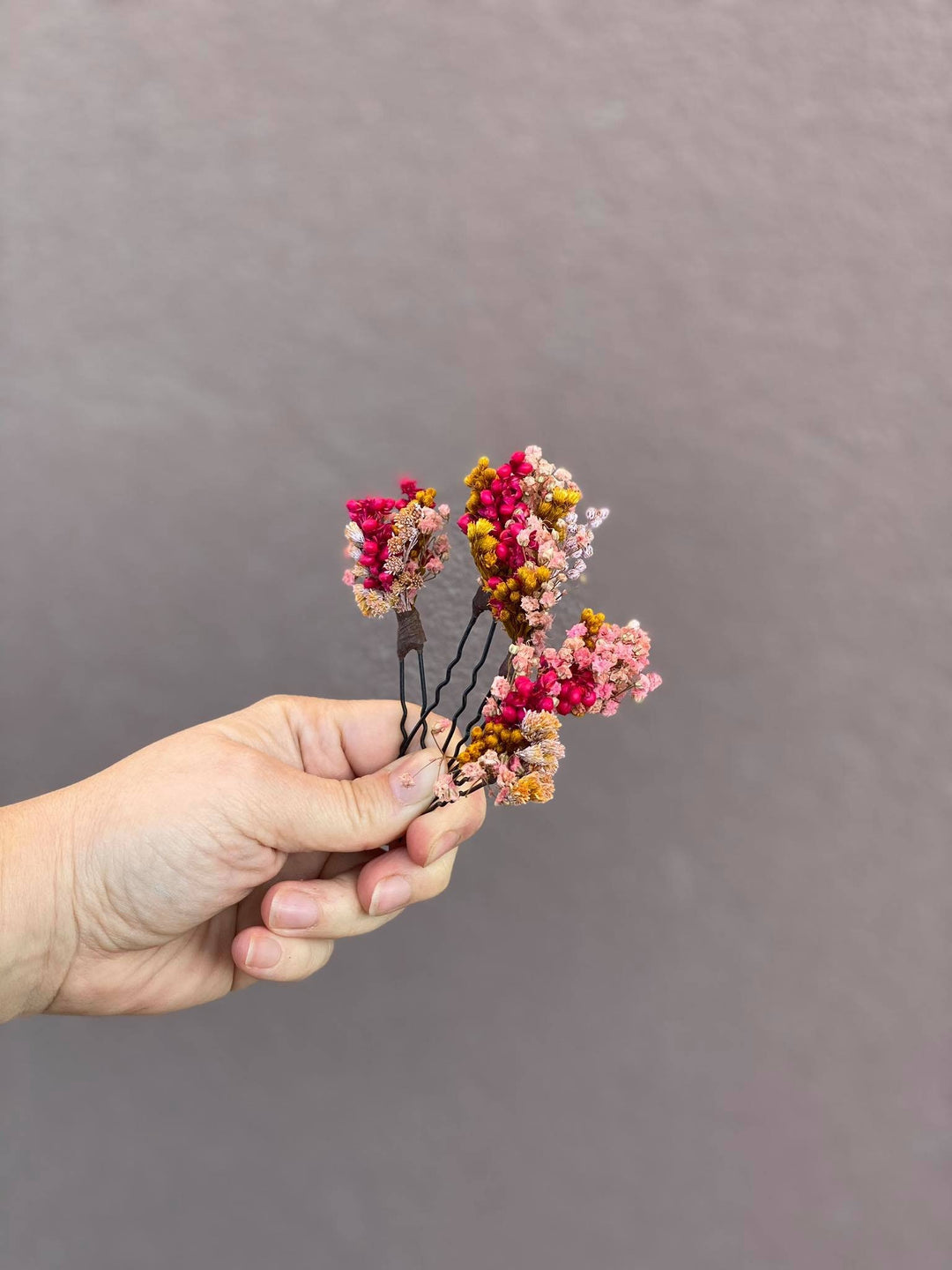 Dried Flower Hair Pins: Fuchsia Pink & Ochre Wedding Hair Accessories – handmade floral hair accessory by magaela