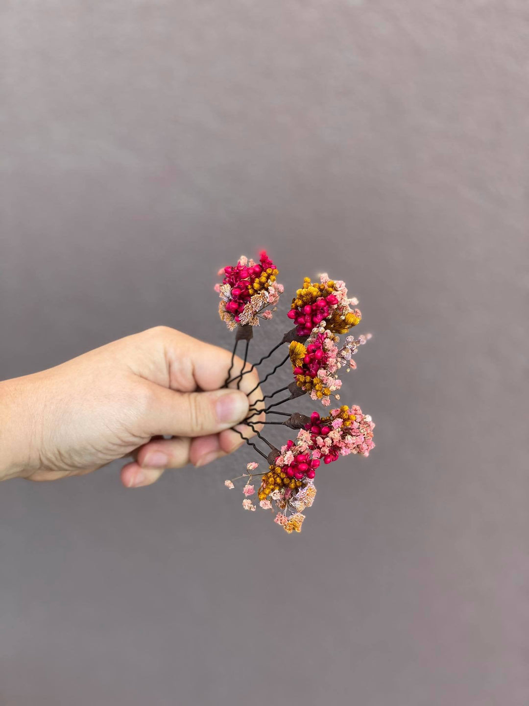 Dried Flower Hair Pins: Fuchsia Pink & Ochre Wedding Hair Accessories – handmade floral hair accessory by magaela