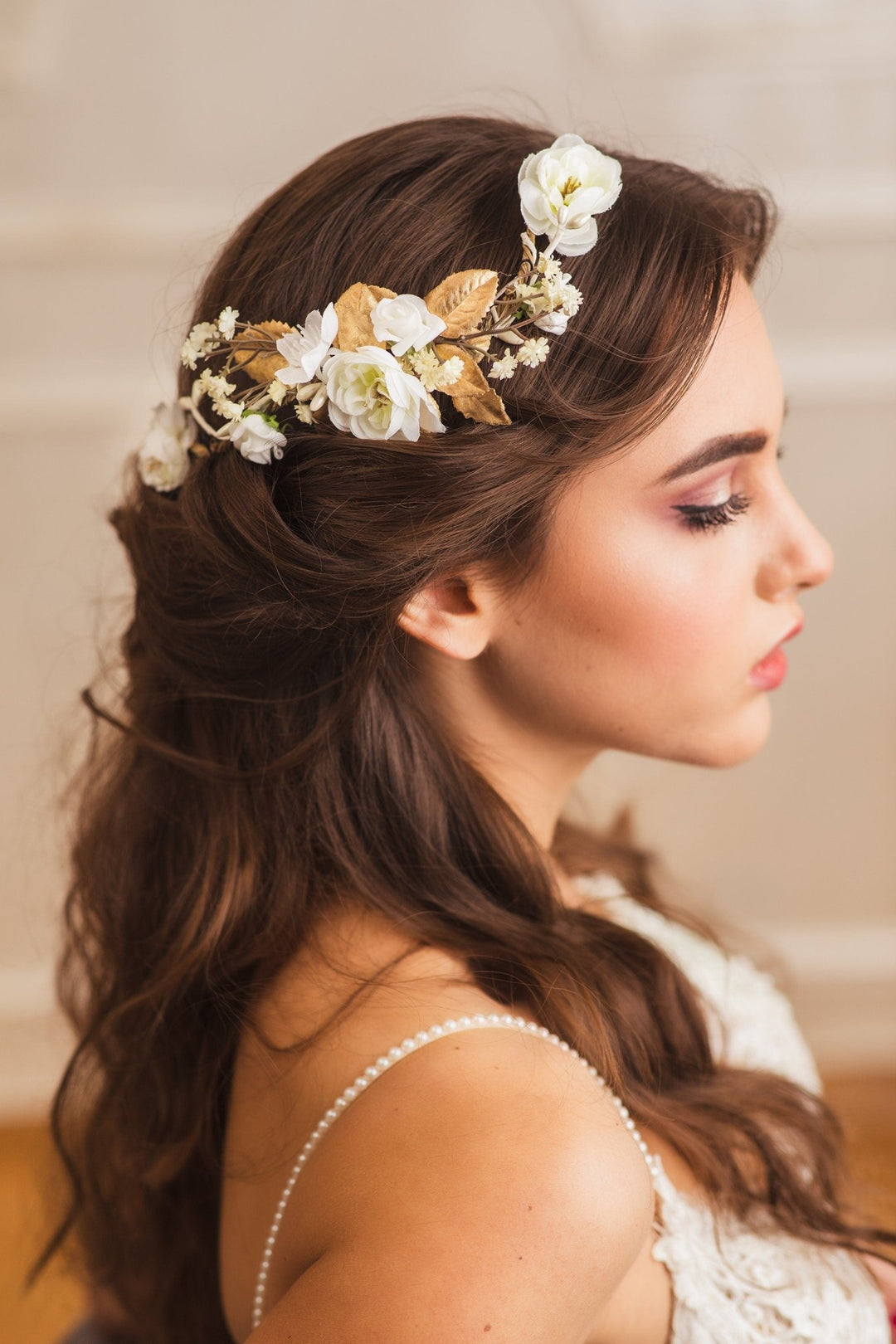 White Flower Bridal Hair Comb: Gold Wedding Hair Vine – handmade floral hair accessory by magaela