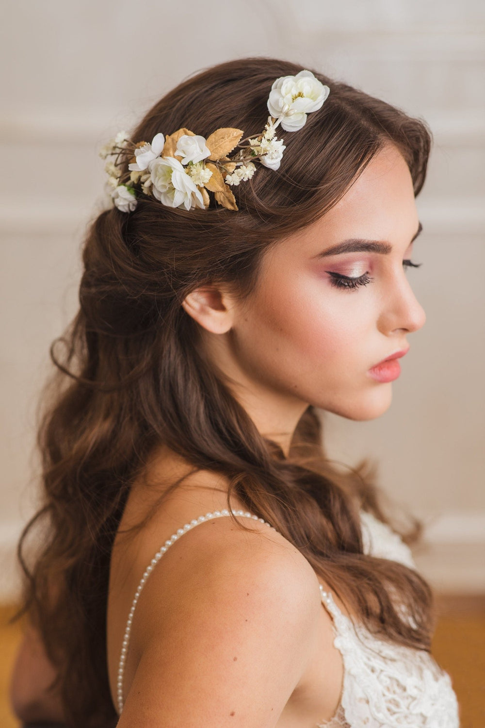 White Flower Bridal Hair Comb: Gold Wedding Hair Vine – handmade floral hair accessory by magaela