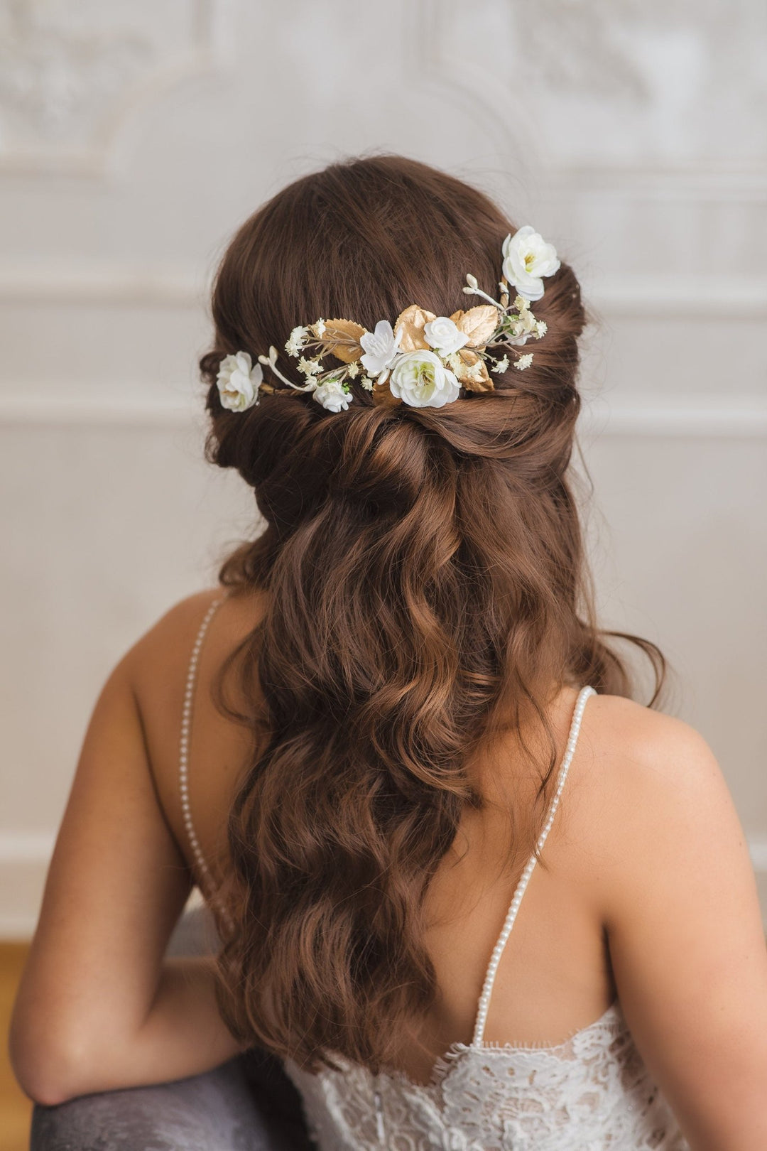 White Flower Bridal Hair Comb: Gold Wedding Hair Vine – handmade floral hair accessory by magaela
