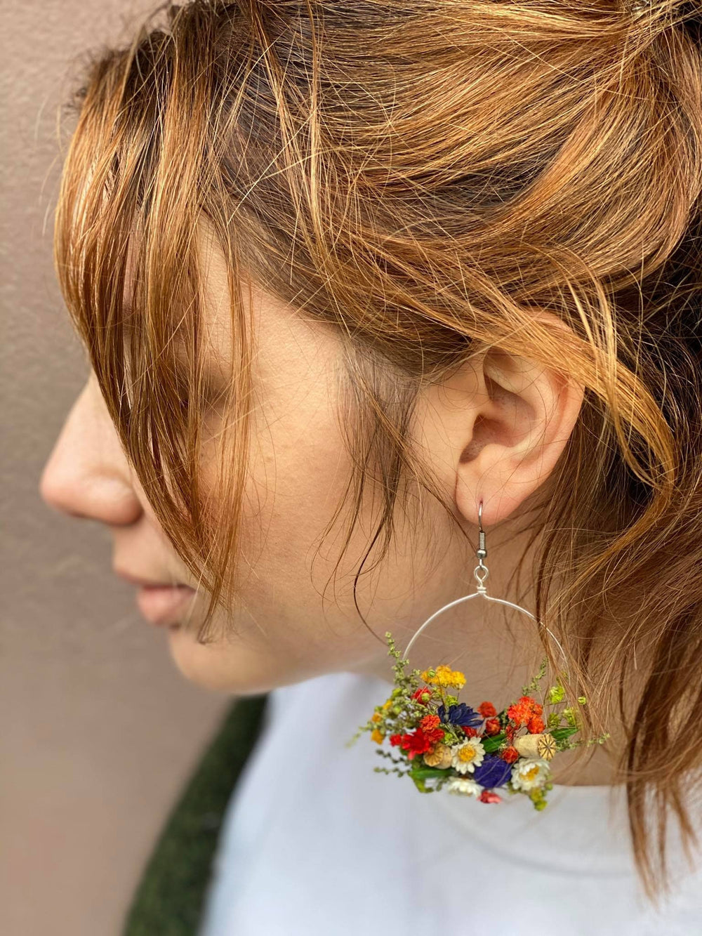 Folk Flower Circle Dangle Earrings: Dried Floral Bridal Jewelry – handmade floral hair accessory by magaela