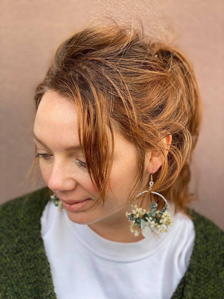 Baby's Breath Circle Dangle Earrings: Surgical Steel Flower Earrings – handmade floral hair accessory by magaela