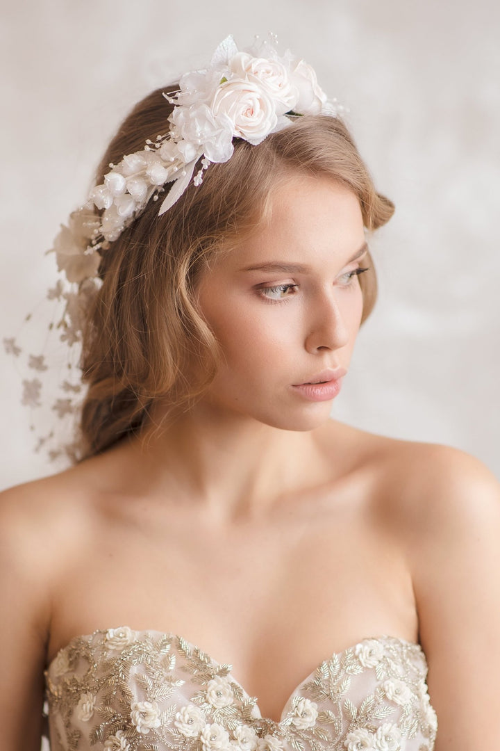 White Flower Bridal Hair Vine: Flexible Wedding Headpiece – handmade floral hair accessory by magaela