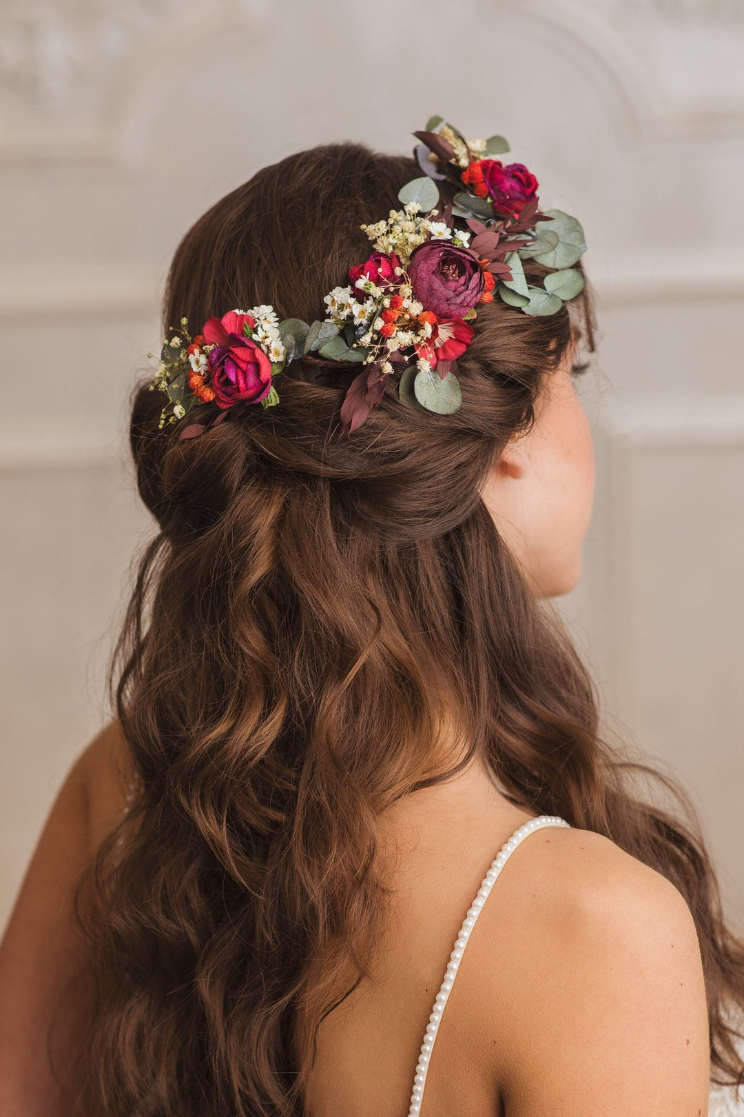 Red & Green Bridal Hair Vine: Eucalyptus Flower Crown – handmade floral hair accessory by magaela