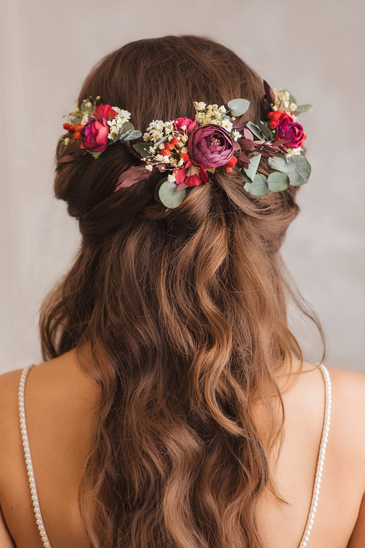 Red & Green Bridal Hair Vine: Eucalyptus Flower Crown – handmade floral hair accessory by magaela