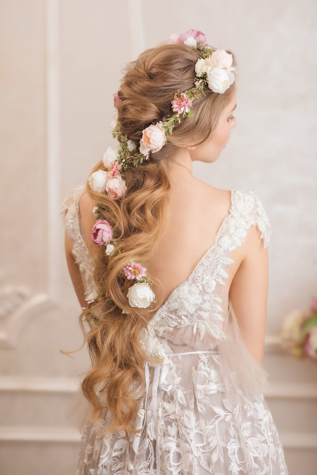 Peony Wedding Hair Garland: Ivory, Pink & Peach Flower Headpiece – handmade floral hair accessory by magaela
