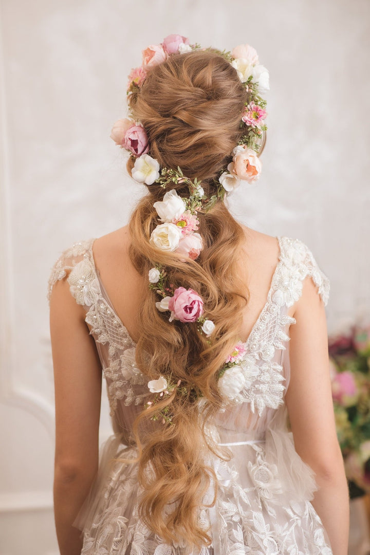 Peony Wedding Hair Garland: Ivory, Pink & Peach Flower Headpiece – handmade floral hair accessory by magaela