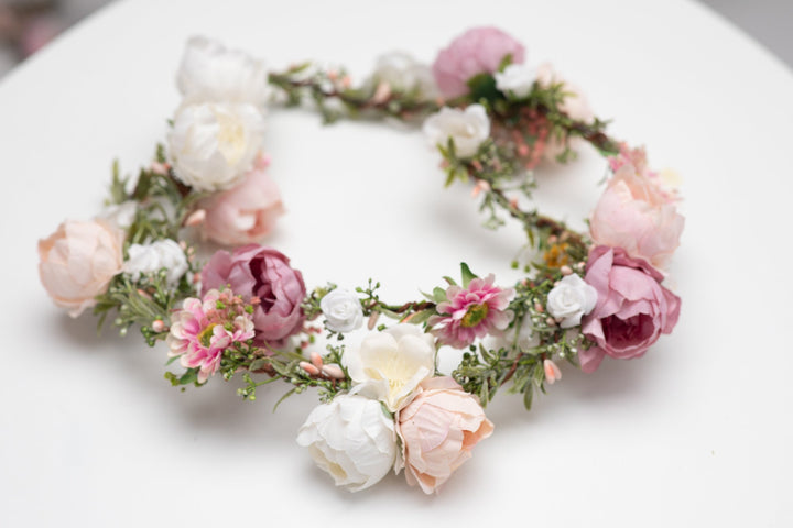 Peony Wedding Hair Garland: Ivory, Pink & Peach Flower Headpiece – handmade floral hair accessory by magaela