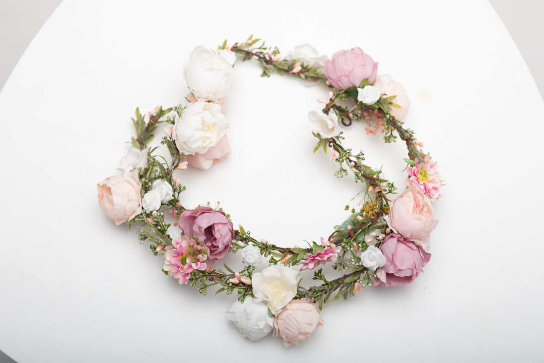 Peony Wedding Hair Garland: Ivory, Pink & Peach Flower Headpiece – handmade floral hair accessory by magaela