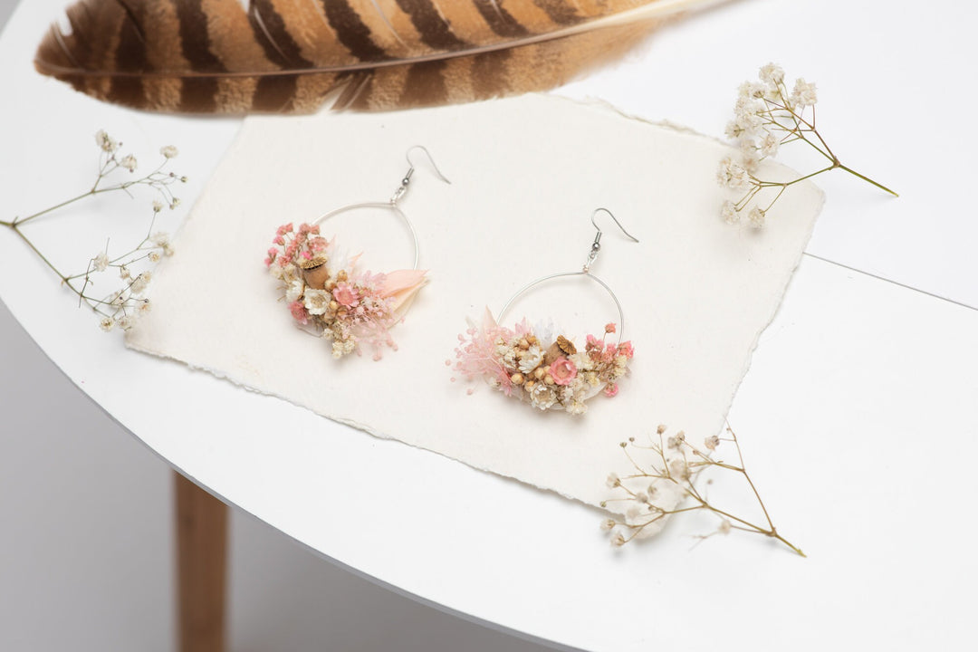 Blush Pink Dried Flower Earrings: Romantic Vintage Surgical Steel Dangle – handmade floral hair accessory by magaela