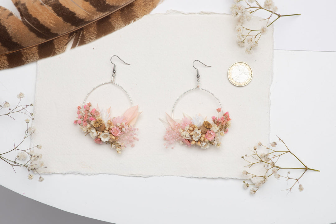 Blush Pink Dried Flower Earrings: Romantic Vintage Surgical Steel Dangle – handmade floral hair accessory by magaela