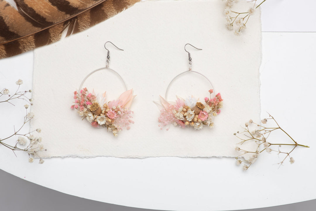 Blush Pink Dried Flower Earrings: Romantic Vintage Surgical Steel Dangle – handmade floral hair accessory by magaela