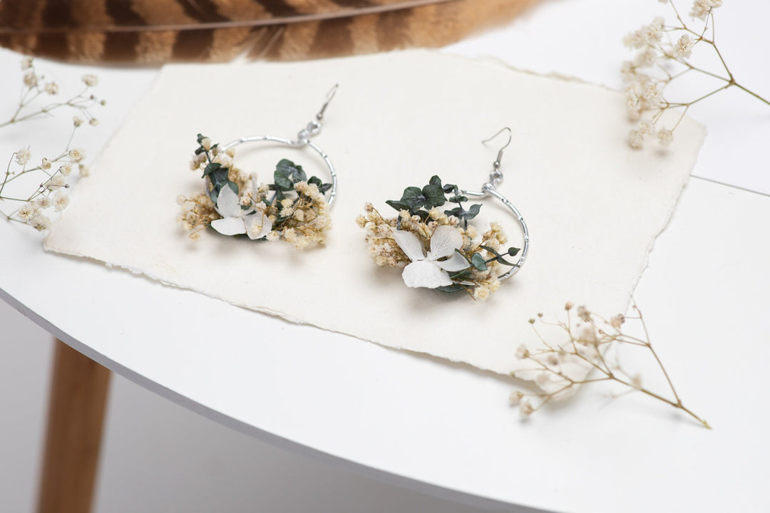 Baby's Breath Circle Dangle Earrings: Surgical Steel Flower Earrings – handmade floral hair accessory by magaela