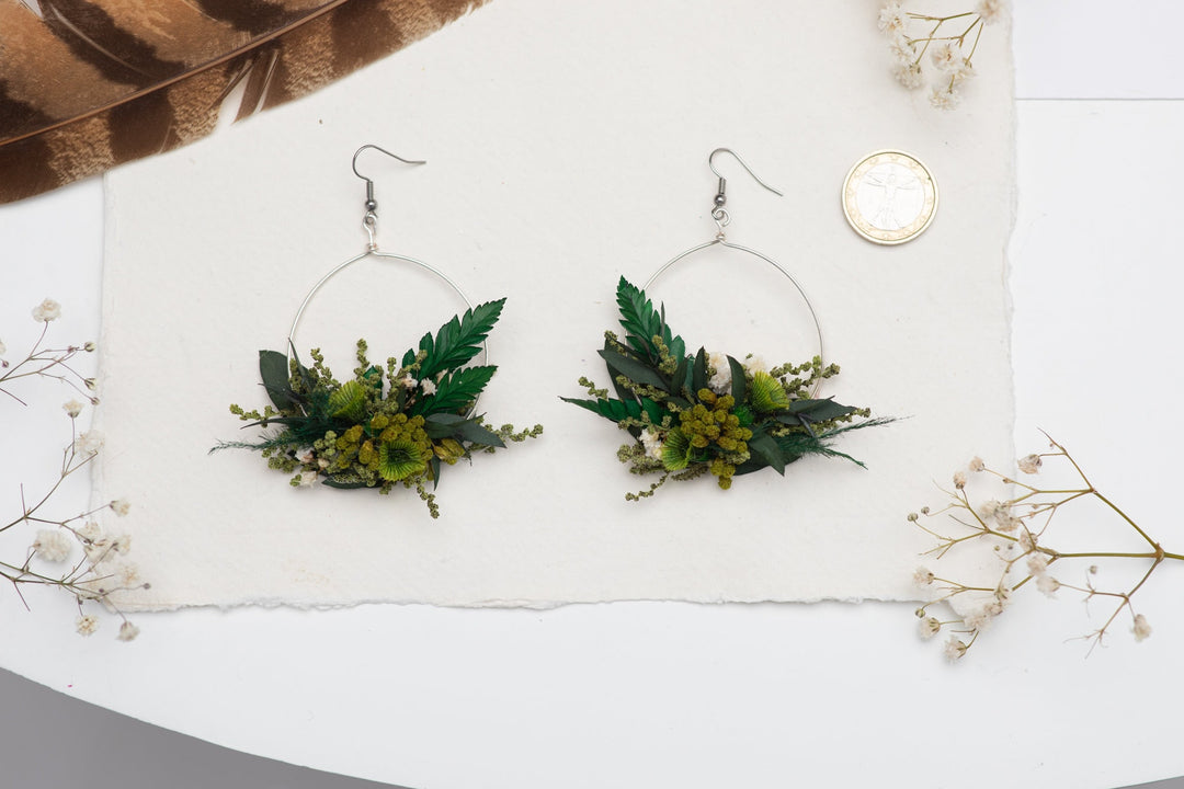 Greenery Circle Dangle Earrings: Preserved Baby's Breath, Surgical Steel – handmade floral hair accessory by magaela