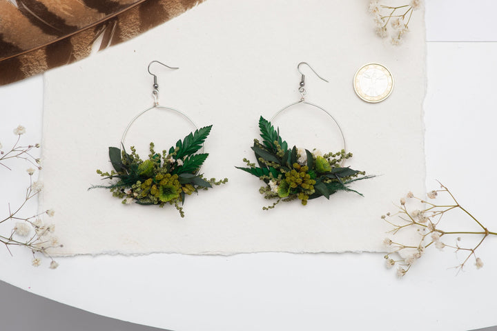 Greenery Circle Dangle Earrings: Preserved Baby's Breath, Surgical Steel – handmade floral hair accessory by magaela