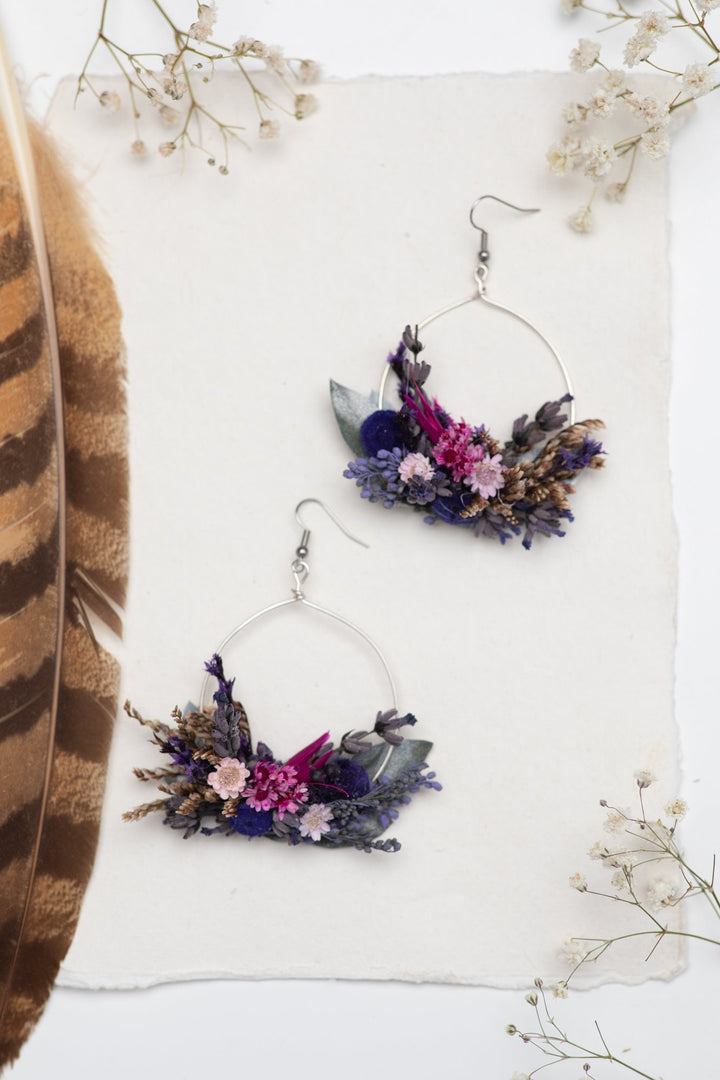Purple Flower Dangle Earrings: Dried Lavender, Surgical Steel – handmade floral hair accessory by magaela