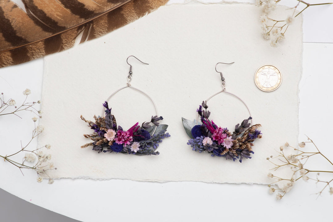 Purple Flower Dangle Earrings: Dried Lavender, Surgical Steel – handmade floral hair accessory by magaela