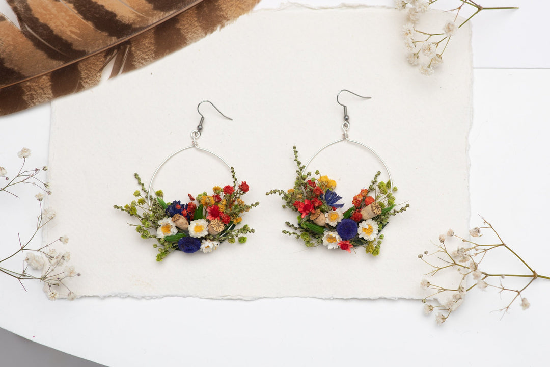 Folk Flower Circle Dangle Earrings: Dried Floral Bridal Jewelry – handmade floral hair accessory by magaela