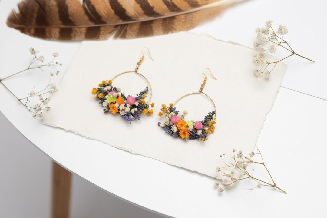 Dried Flower Circle Dangle Earrings: Golden Meadow Bridal Jewelry – handmade floral hair accessory by magaela