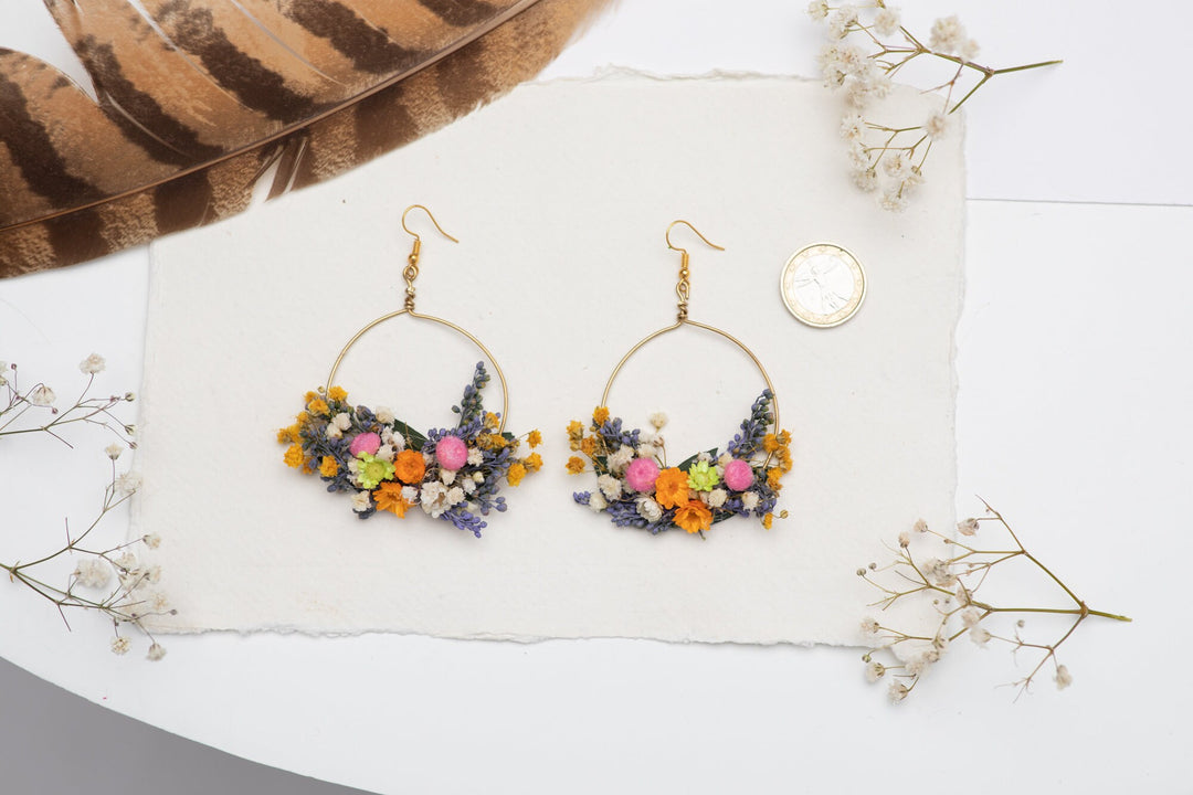 Dried Flower Circle Dangle Earrings: Golden Meadow Bridal Jewelry – handmade floral hair accessory by magaela