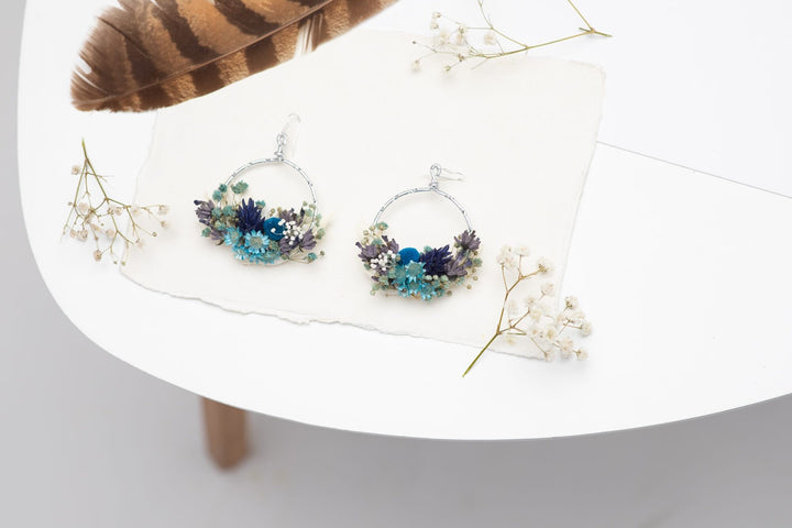Blue Dried Flower Circle Earrings: Surgical Steel Bridal Jewelry – handmade floral hair accessory by magaela