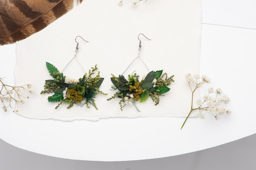 Greenery Triangle Dangle Earrings: Dried Flower Bridal Jewelry – handmade floral hair accessory by magaela