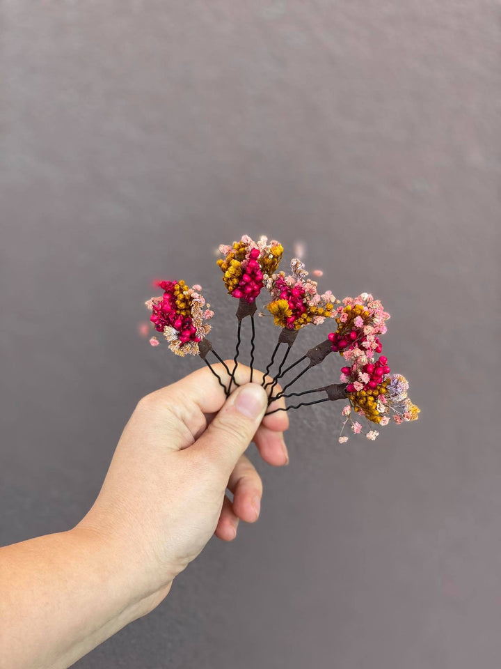 Dried Flower Hair Pins: Fuchsia Pink & Ochre Wedding Hair Accessories – handmade floral hair accessory by magaela