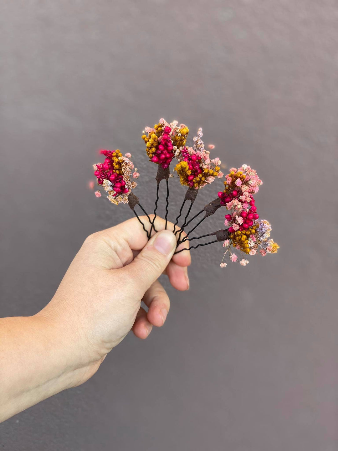 Dried Flower Hair Pins: Fuchsia Pink & Ochre Wedding Hair Accessories – handmade floral hair accessory by magaela